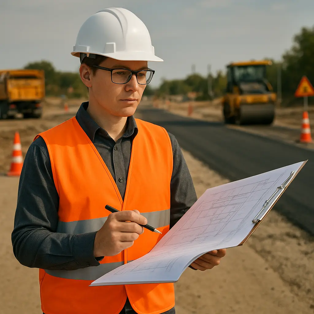 Ingenieur begutachtet Baupläne an einer Autobahnbaustelle